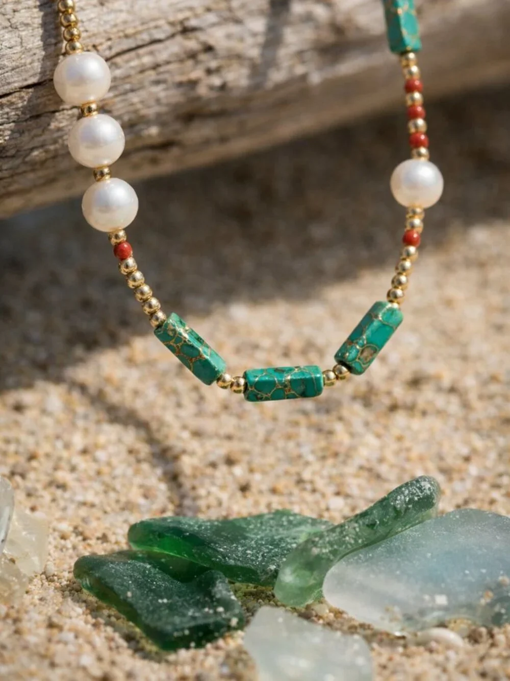 Handmade Boho Green Agate Faux Pearl White Seed Bead Choker Necklace Gold Tone